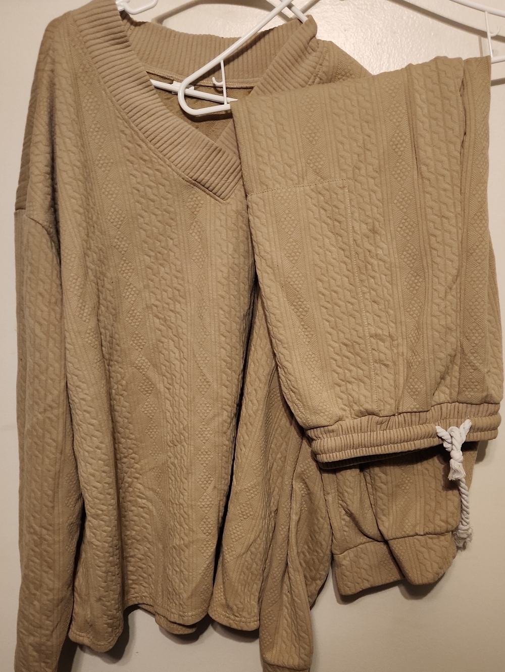 Beige Cable-Knit Lounge Jumpsuit Set - Relaxed Women's Pants & Top